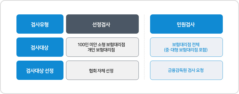 (검사유형:선정검사), (검사대상:100인 미만 소형보험대리점 ,개인보험대리점),(검사대상선정:협회자체선정) / (검사유형:민원검사), (검사대상:보험대리점 전체(중,대형 보험대리점포함)), (검사대상 선정:금융감독원 검사요청)